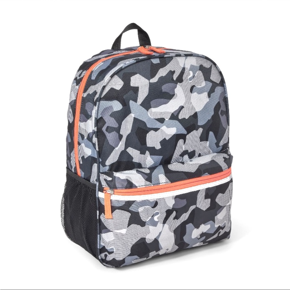 Gray/Dark Blue Camouflage Kids Backpack with Orange Accents